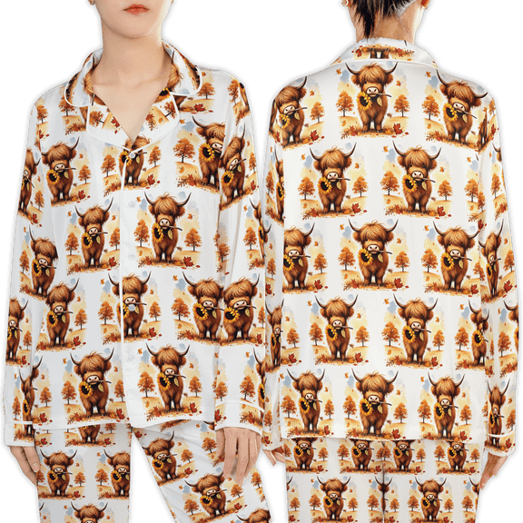 Lotusprinthandmade Fall Highland Cow With Floral All-over Print Satin Pajamas Set (S) – Cow Lover Pajamas Set