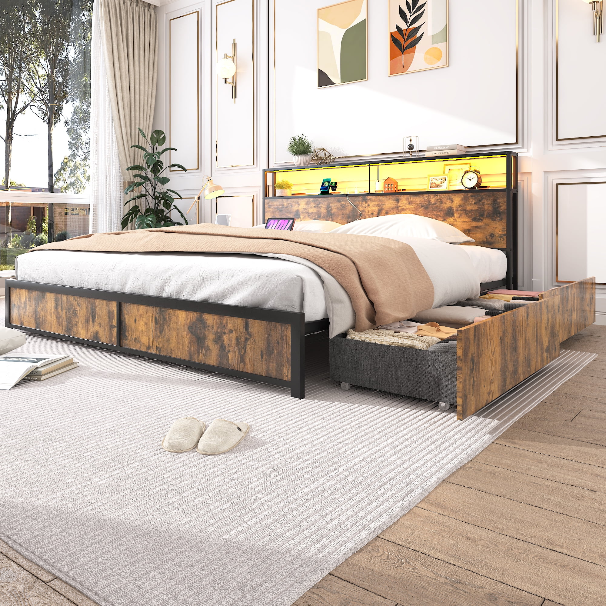 King Bed Frame with LED Lights Headboard and 4 Drawers, Platform Metal Bed Frame with Power Charging Station and USB Ports, No Box Spring Needed, Noise-Free