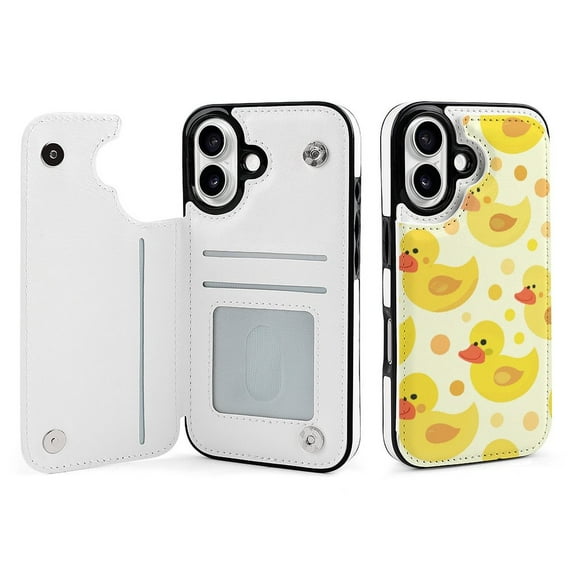 Compatible with iPhone 11 12 13 mini 14 15 16 Pro Max Plus Wallet Case with Card Holder, PU Leather Kickstand Card Slots Case ( Cute Rubber Duck, iPhone 16)