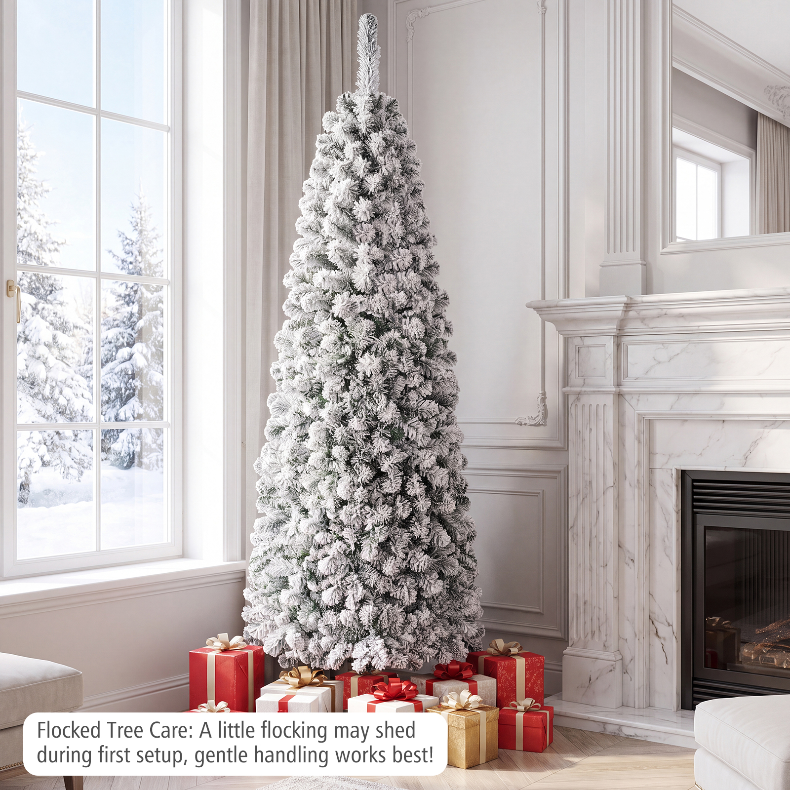 Costway 6ft Pre-Lit Snow Flocked Pencil Christmas Tree, White photo 5