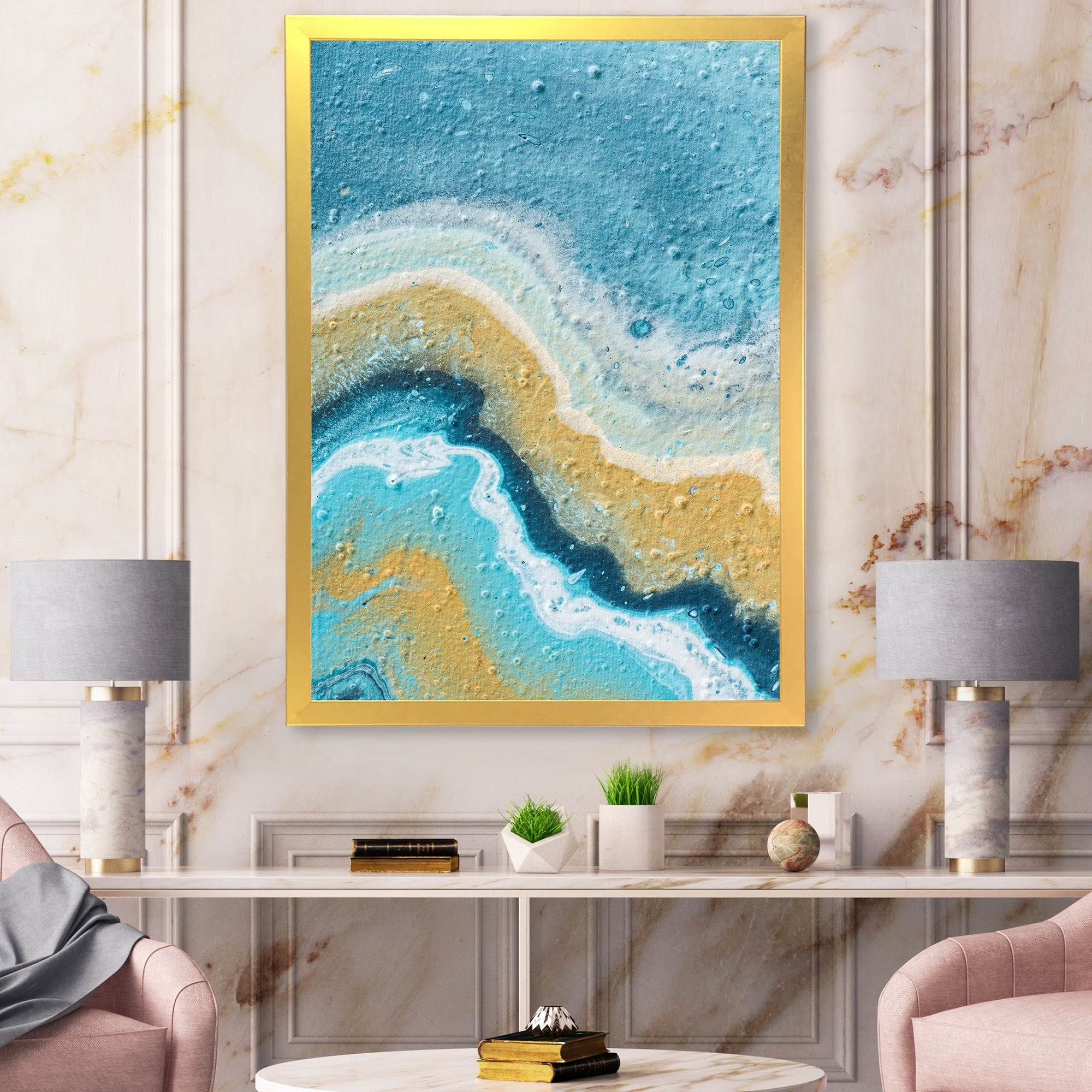 Designart 'Abstract Composition In Blue and Yellow VI' Modern Framed Art Print