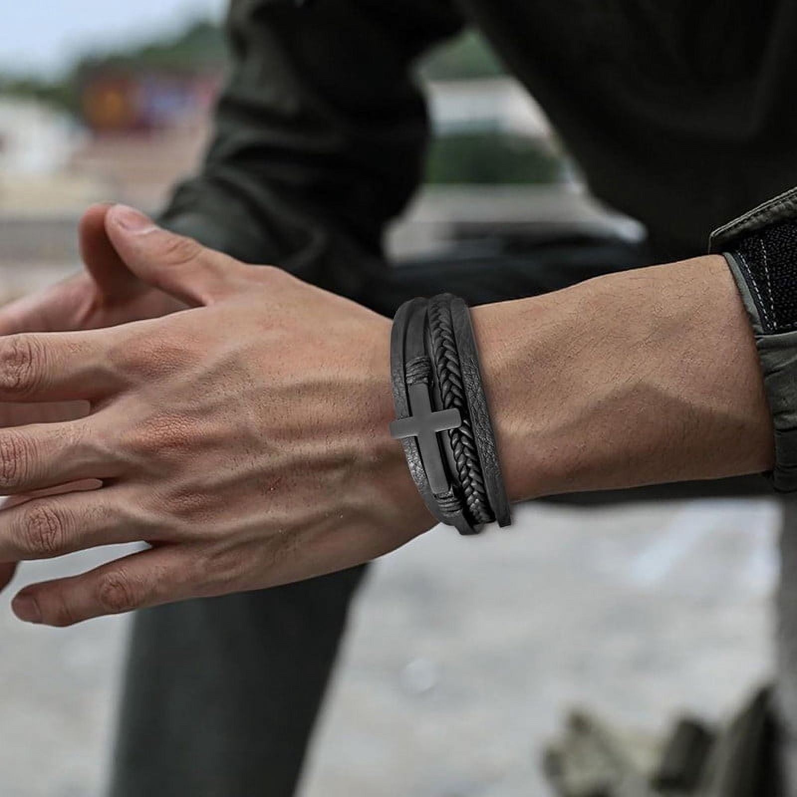 Mens Leather Cross Bracelet Multi-Layer Braided Faith Cross Bracelet for Religious Bangle Wristband Jewelry for Men Women