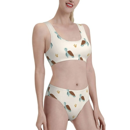 Uemuo Sea Turtle Printed Women s High Waisted Bikini Sets Sporty Two Piece Swimsuits Color Block Cheeky High Cut Bathing Suits-XX-Large
