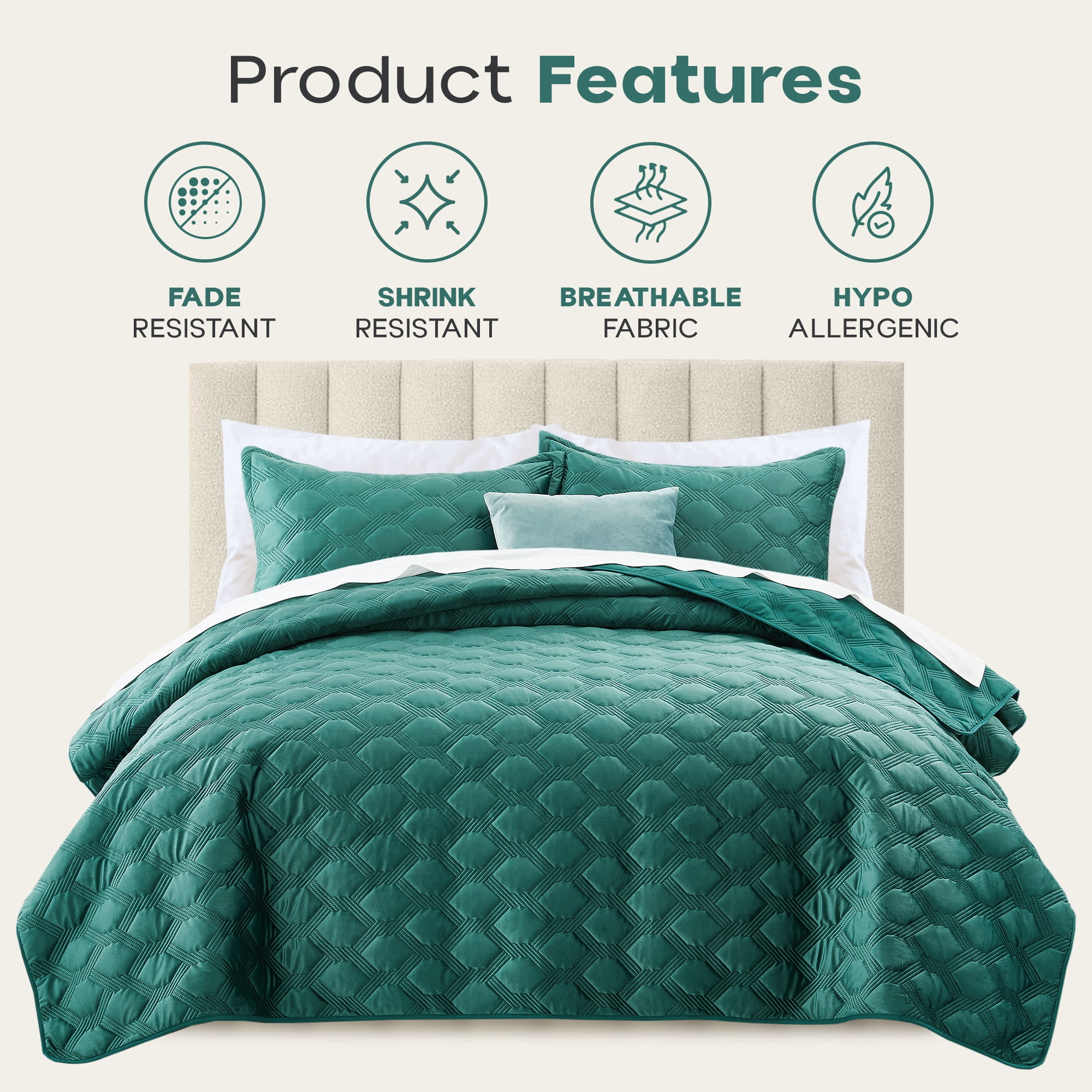 Ameha Velvet Quilt Set 3 Piece Geometric Ultrasonic Embossed Bedspread Reversible 350GSM Soft Microfiber Bedding Emerald Green Full/Queen