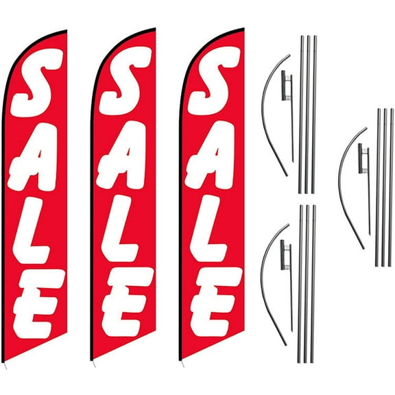 Three Pack of Red Sale Advertising Feather Flag Kits Package, Includes 3 Banner Flags, 3 Flag Poles, and 3 Ground Stakes