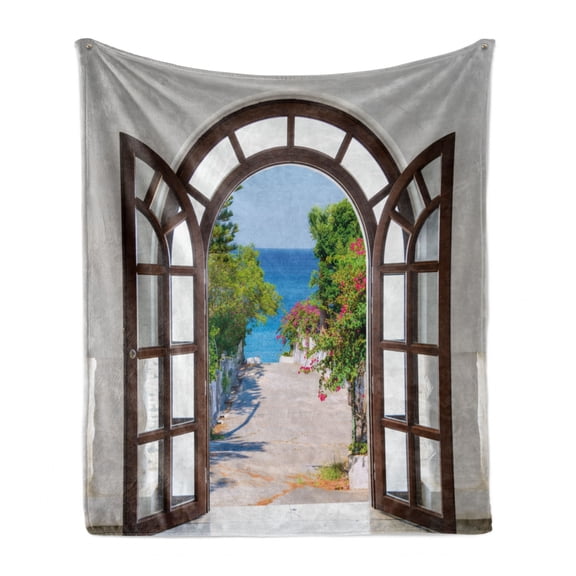 Beach Soft Flannel Fleece Throw Blanket, Ocean Sea View from Summer Season Italian Design in Garden Image, Cozy Plush for Indoor and Outdoor Use, 50" x 60", Pale Blue White, by Ambesonne