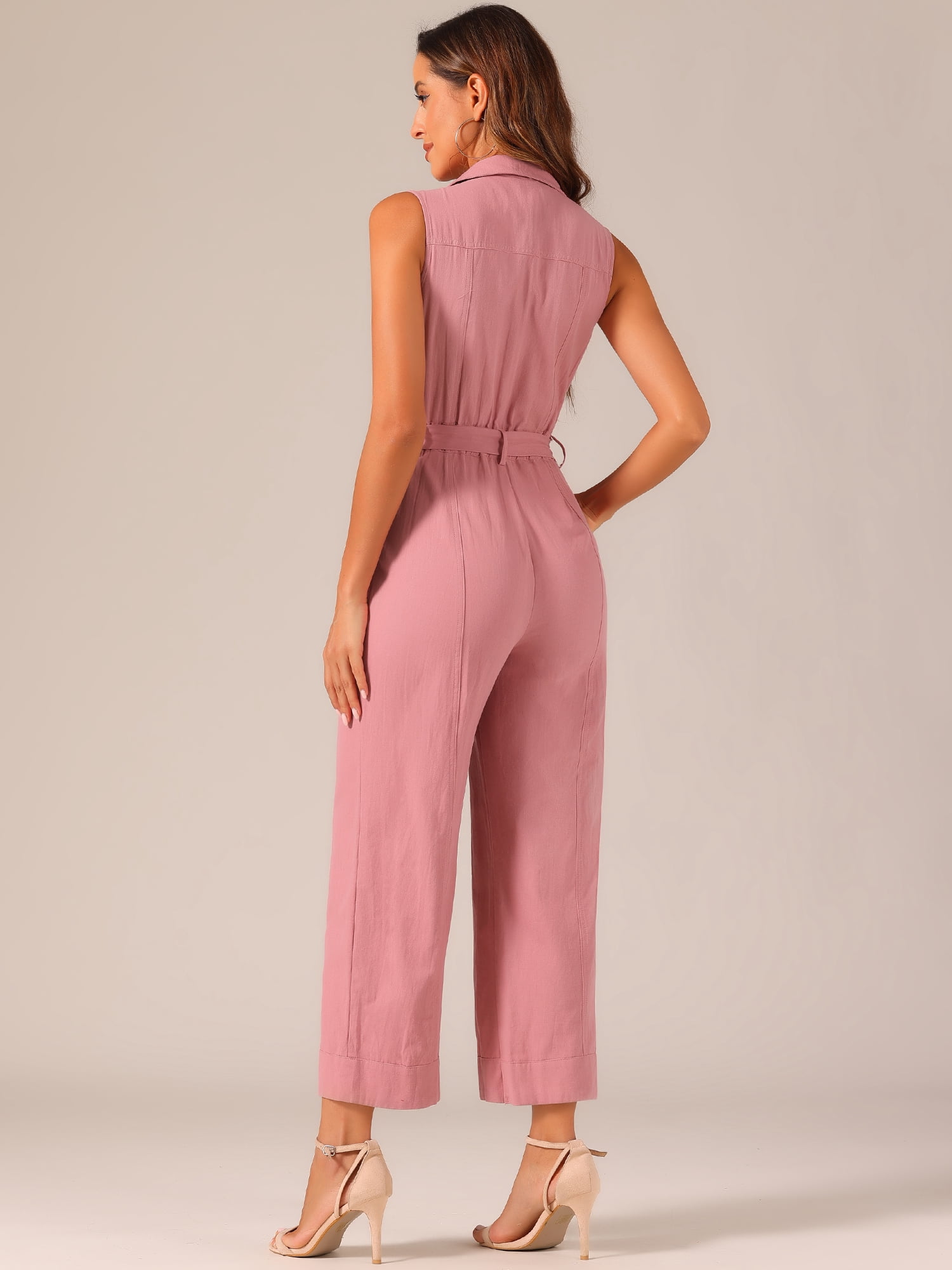 DARING DIVA Women's Wide Leg Jumpsuit Collared Tie Waist Coverall L Pink