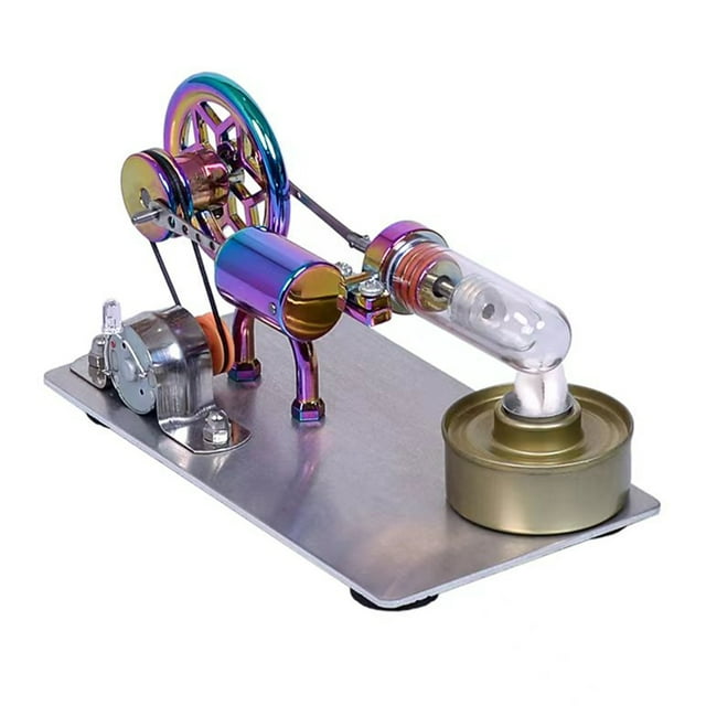 Hot Air Stirling Engine Motor Model Electricity Generator Motor with LED Bulb Six-pointed Star Pattern Flywheel DIY Educational Science Experiment Tool with Zinc Alloy Base for Teacher Adults Kids