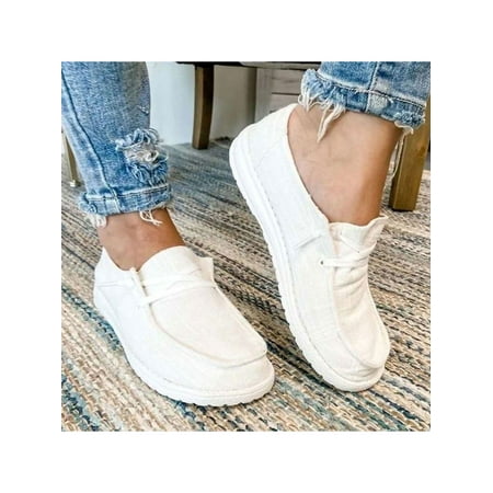 

UKAP Women s Walking Classic Flat Loafers Ladies Work Comfort Slip On Canvans Flats Low Tube Shoes Beige 8