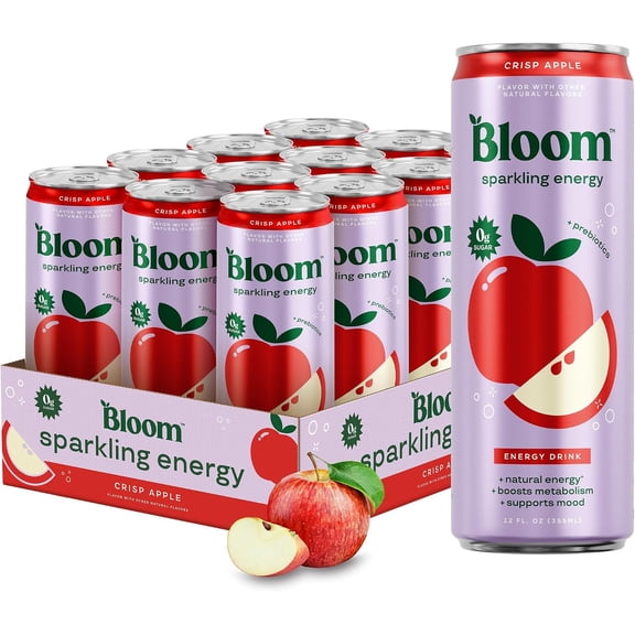 Bloom Nutrition Sparkling Energy Drink, Crisp Apple, 12 fl oz, 12 Pack