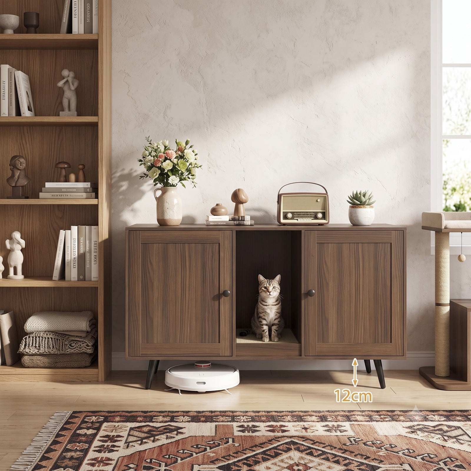 ALPULON Double Cat Litter Box Enclosure for 2 Cats, Wooden Hidden Cat Washroom Furniture with Scratching Pad and Double Rooms, Enclosed Kitty House Side Table, Walnut