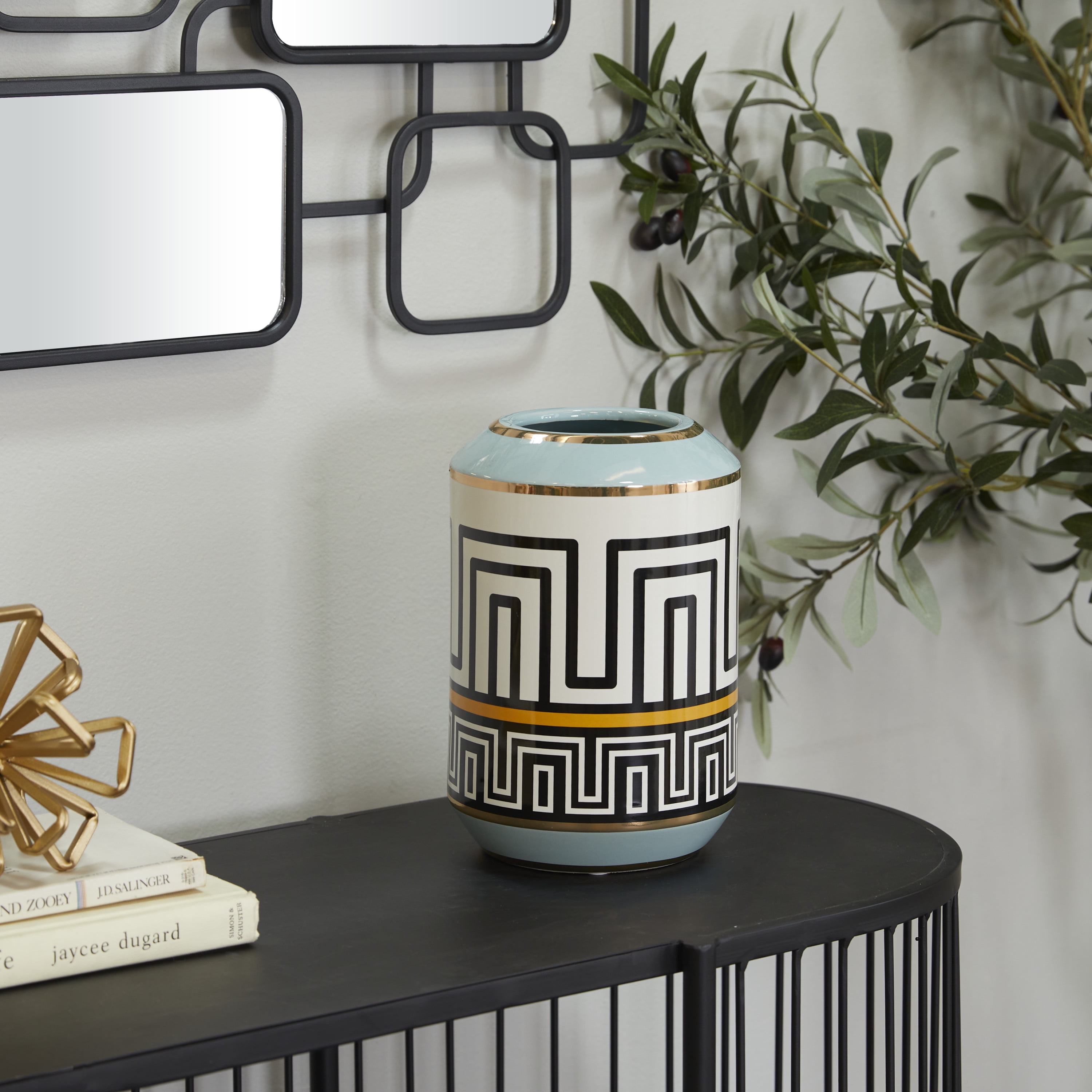 DecMode 9" Teal Ceramic Vase with Greek Knot Pattern