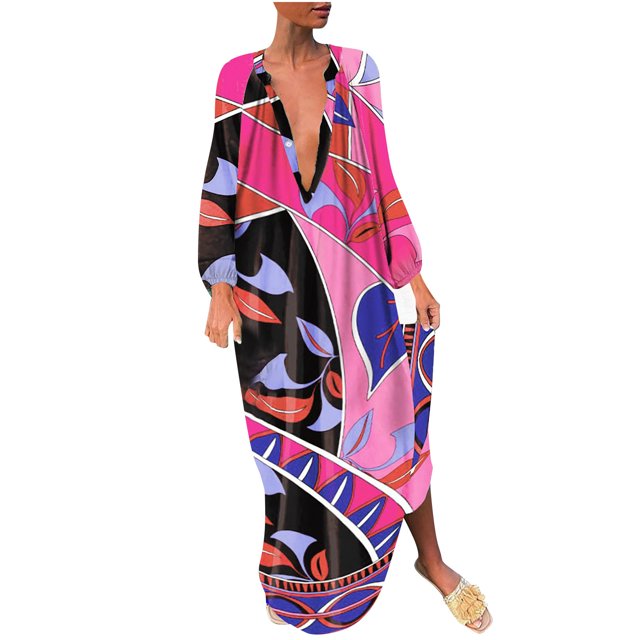 Vestidos Para Mujer Vestido de Manga Larga Moda Otoño Invierno Estampado Erógeno Cuello en V Largo Odeerbi ODB172221