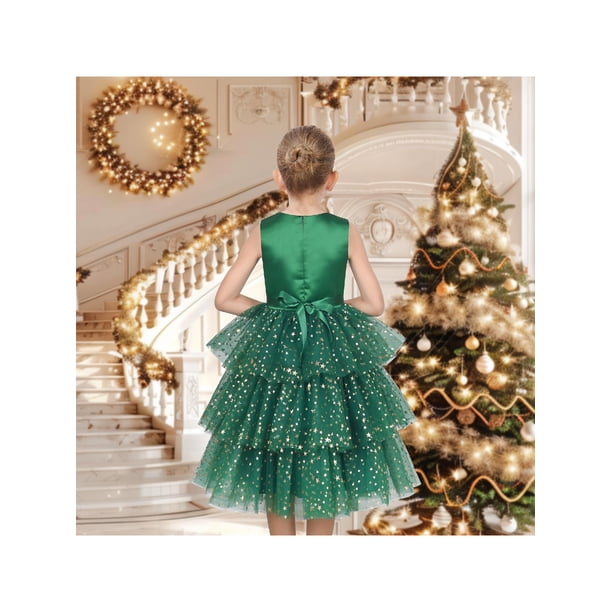 green and gold christmas dress Sunny Fashion Girls Emerald Bow Star Tiered Tulle Holiday Winter 6 Years THE KISS