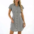 thumbnail image 3 of SAWOBUUN Women Striped Shirt Dress Button Down Short Sleeves Fitted Waist Pleated Casual Summer Mini Dress, 3 of 10