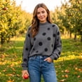 thumbnail image 4 of Polka Dot Sweaters for Women Crewneck Casual Knitted Sweater Long Sleeve Waffle Mock Neck Fall Winter Pullover Top, 4 of 7