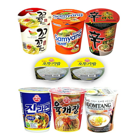 Assorted Instant Cup Noodle Soup 6 Pack with Ottogi Fresh Cooked Rice 2 Pack- Koko Samyang Gomtang Jin Remen Hot Spicy Shin (Best Way To Cook Ramen Noodles)