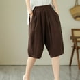 thumbnail image 6 of QATAINLAV Linen Shorts for Women Summer Casual Bermuda Shorts Lightweight Elastic Waist Beach Shorts Loose Knee-Length Wide Leg Shorts with Pockets Bermudas Para Mujer Para Verano Coffee L, 6 of 8
