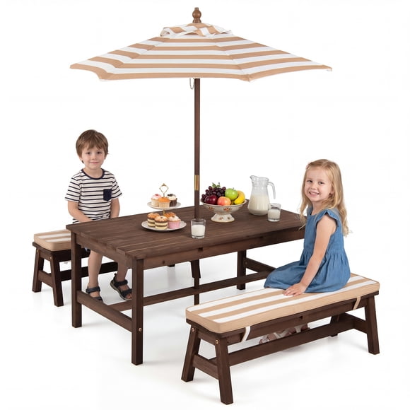 Gymax Kids Picnic Table Outdoor Wooden Table & Bench Set with Removable Umbrella