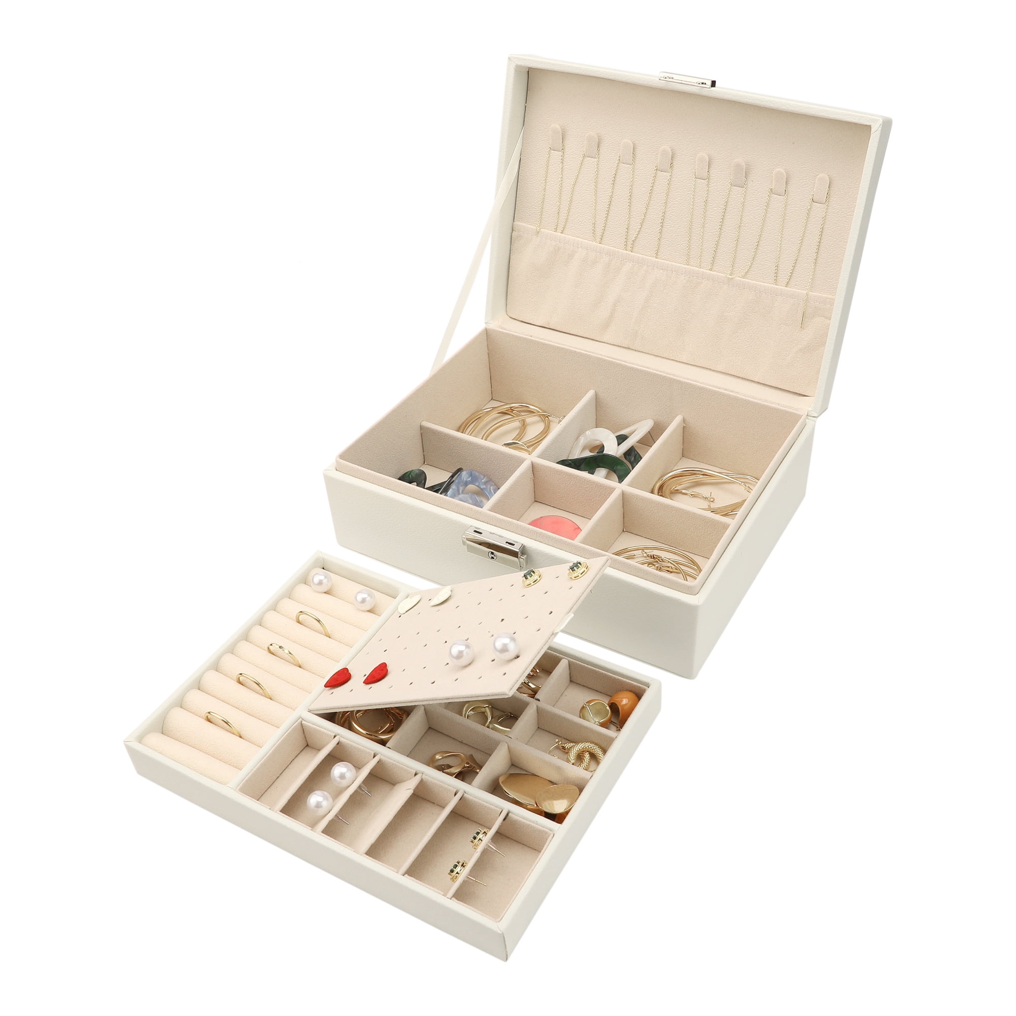 Unique Bargains 2 Layer Jewelry Box PU Leather Jewelry Organizer Case Storage with Drawer White