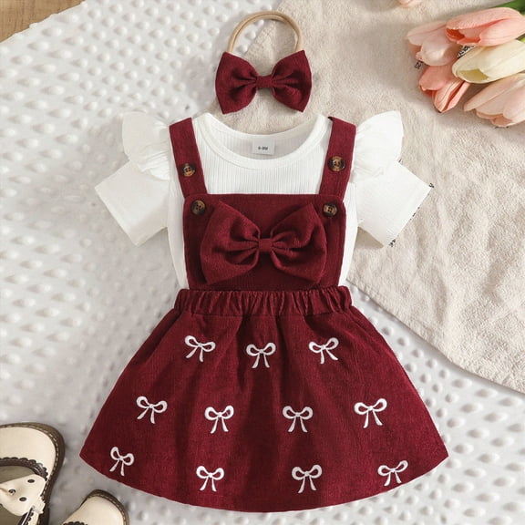 mgoYE Newborn Baby Girl Summer Overall Dress 6-9 Months Infantl Short Sleeves Ribbed Romper Bow Skirt Set 3Pcs Outfits Wine