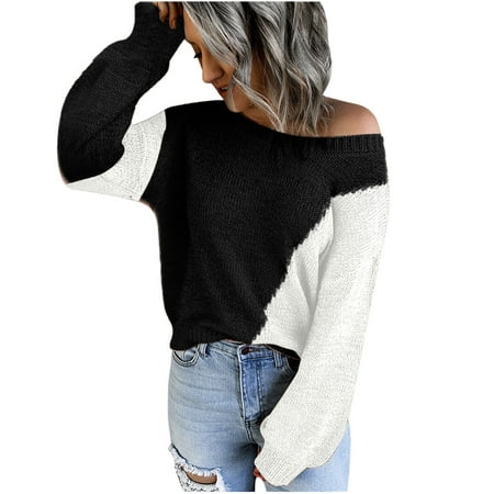 Yeahitch Women s Fall Causal Sweater Oversized Long Sleeve Off The Shoulder Sweaters Color Block Knit Pullover Jumper Tops Black S
