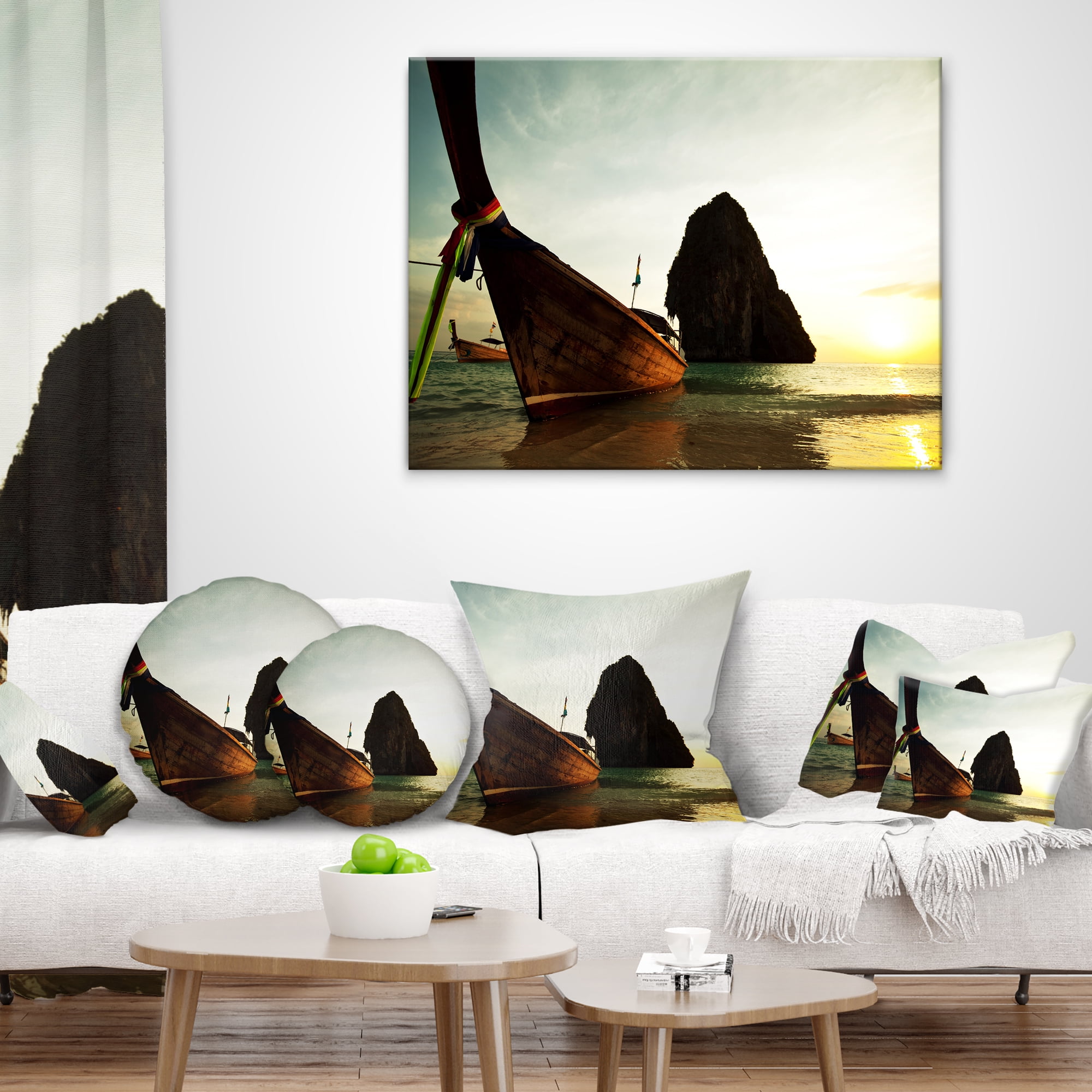 Designart Tropical Beach with Huge Boat - Seashore Throw Pillow - 18x18