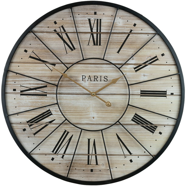 Sorbus Paris Oversized Wall Clock, Centurion Roman Numeral Hands, Parisian French Country Rustic Modern Farmhouse Décor, Analog Wood Metal Clock, 24” Round