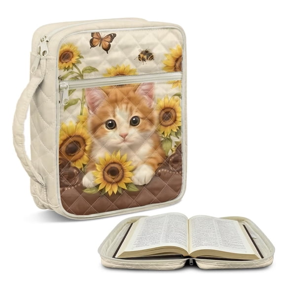 TSOVTHRID Cat Sunflower Bee Butterfly Print Bible Bags for Women Organizer, Bible Carrying Case with Multi Pockets, Quilted Bibles Book Cover for Christian Study Supplies Accessories