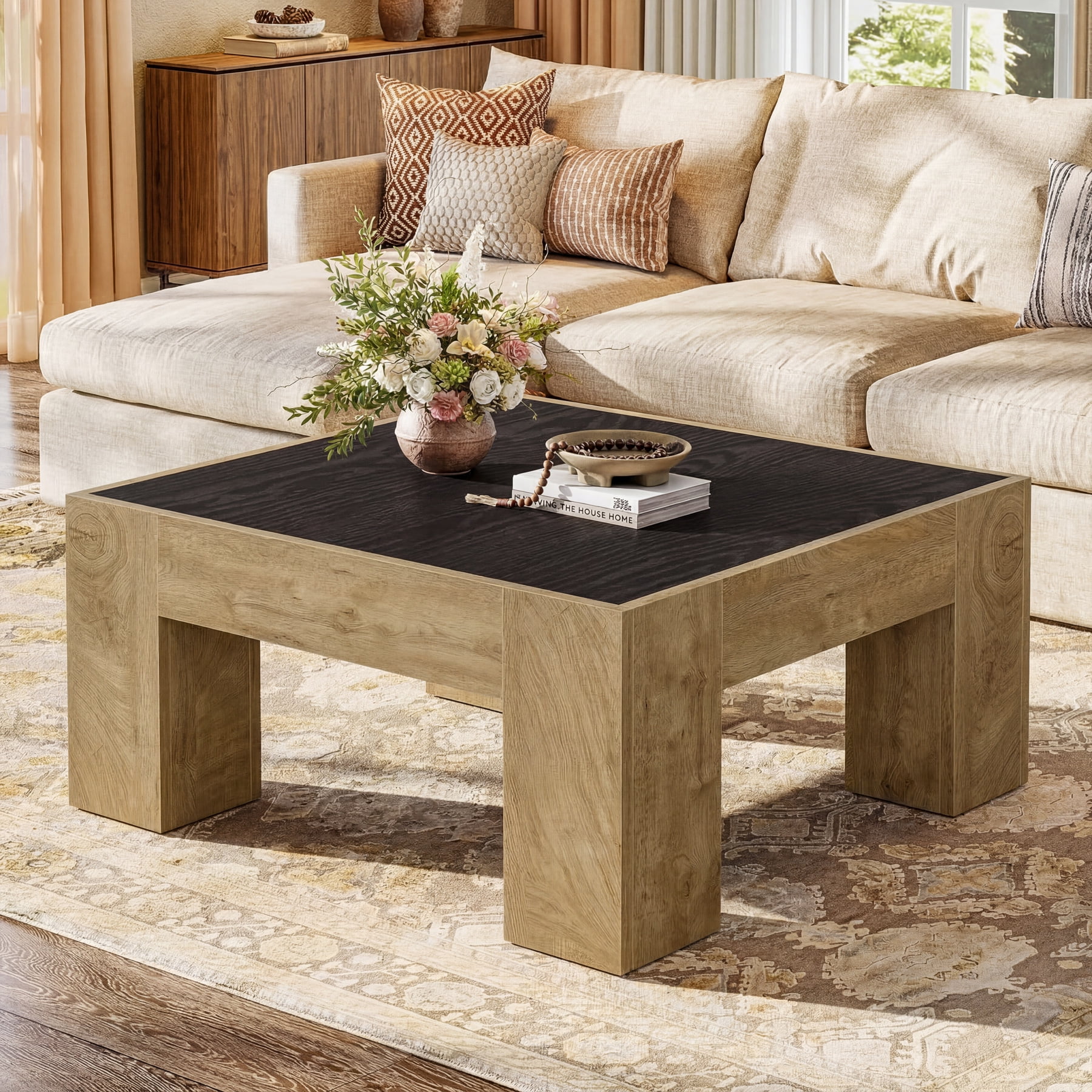Finmind Square Coffee Table for Living Room, 31.5'' Modern Large Center Table, Easy Assembly, Black & Brown