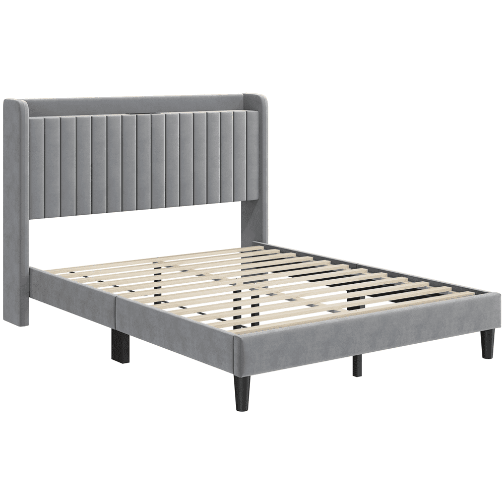 Renwick Upholstered Platform Queen Bed with Charging Outlets and USB Ports, Light Gray, Adult