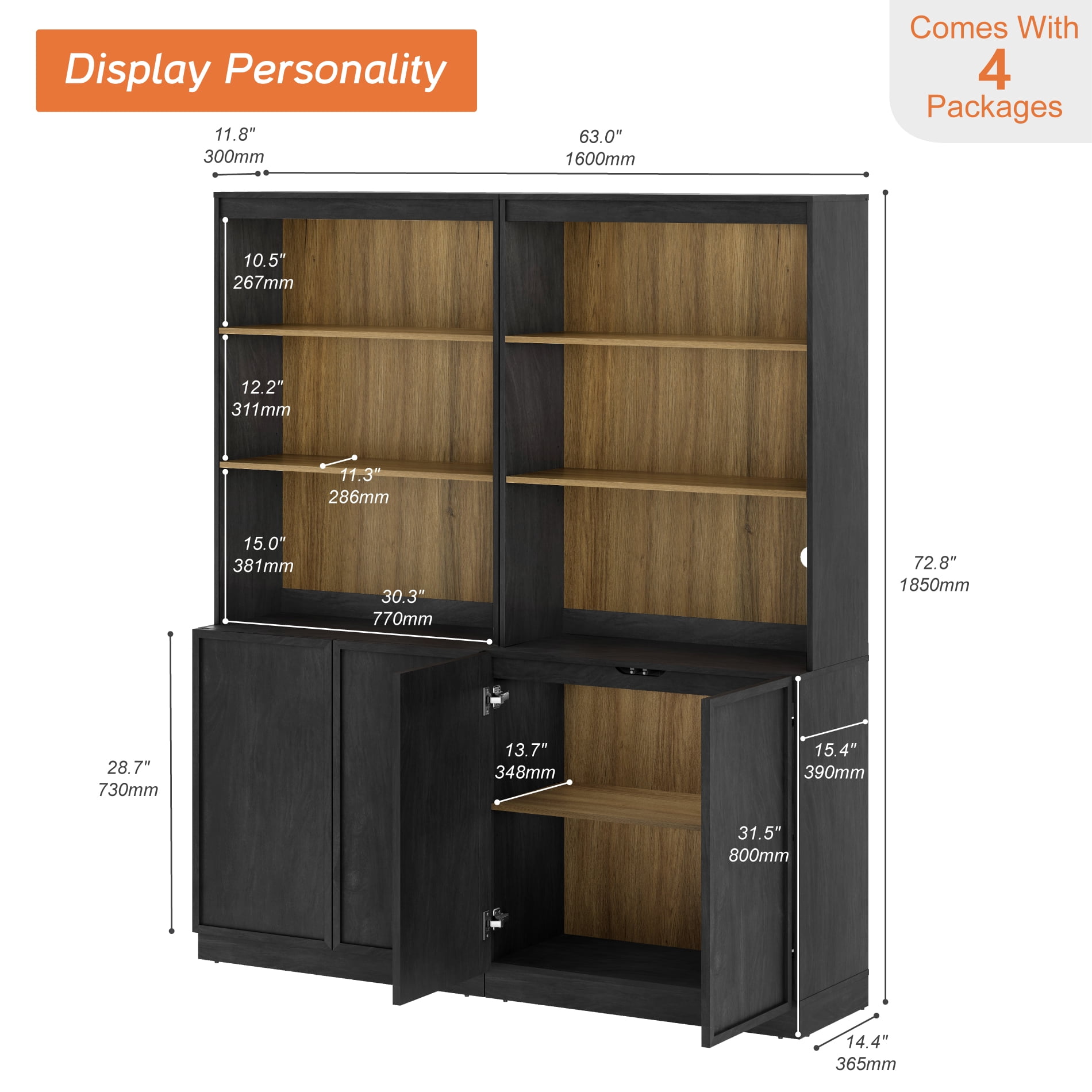 Modern Wood Sideboard Buffet with Doors & Adjustable Shelves, 72" Tall Storage Cabinet for Dining Room Kitchen,Black