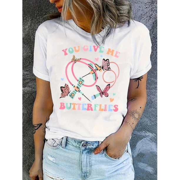 Women'S Fashion Casual Round Neck Short Sleeve T-Shirt, "You Give Me Butterflies" Print, Geometric Pattern, Knitted Polyester, Comfortable Summer Top, Ladies Leisure Sportswear
