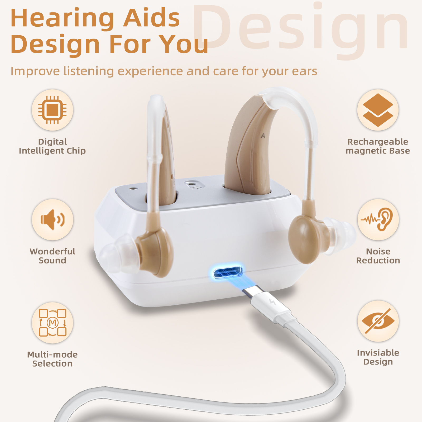 Delmicure Rechargeable Hearing Aids for Seniors, 4-Mode, Digital, Magnetic Charging, VHP-1021, Button Control, Beige