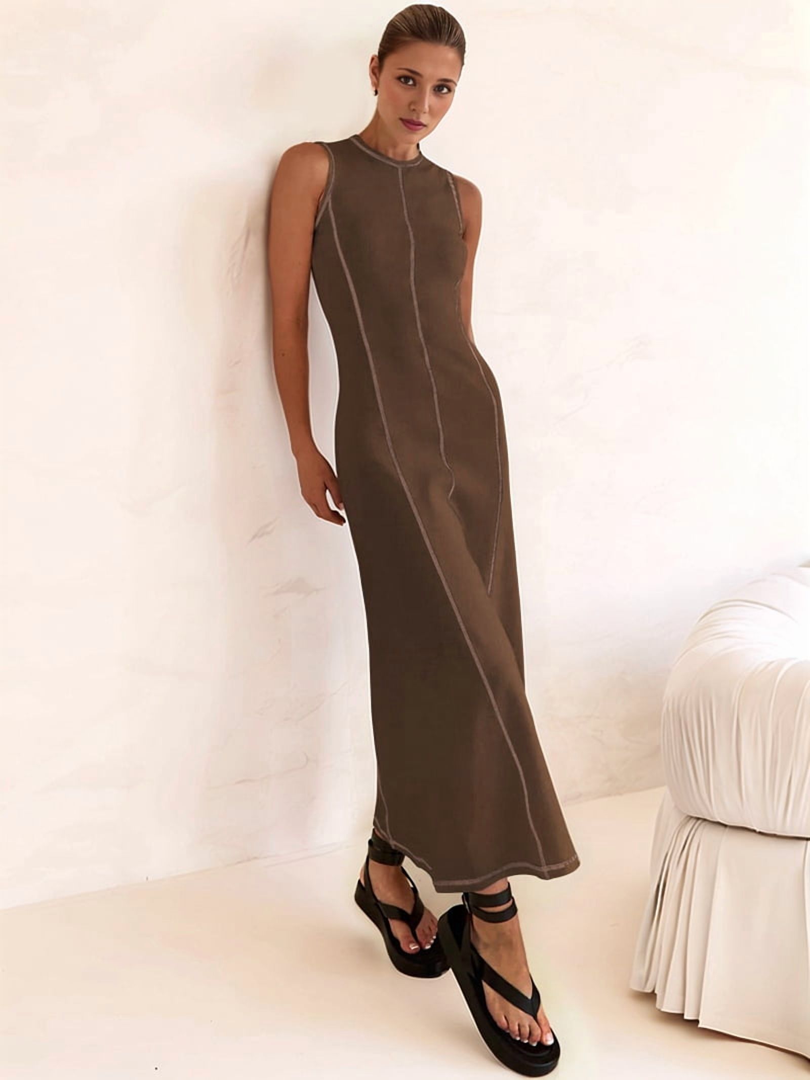 Womens Sleeveless T Shirt Dress Summer Contrast Ribbed Knit Tank Maxi Dresses Coffee Color S