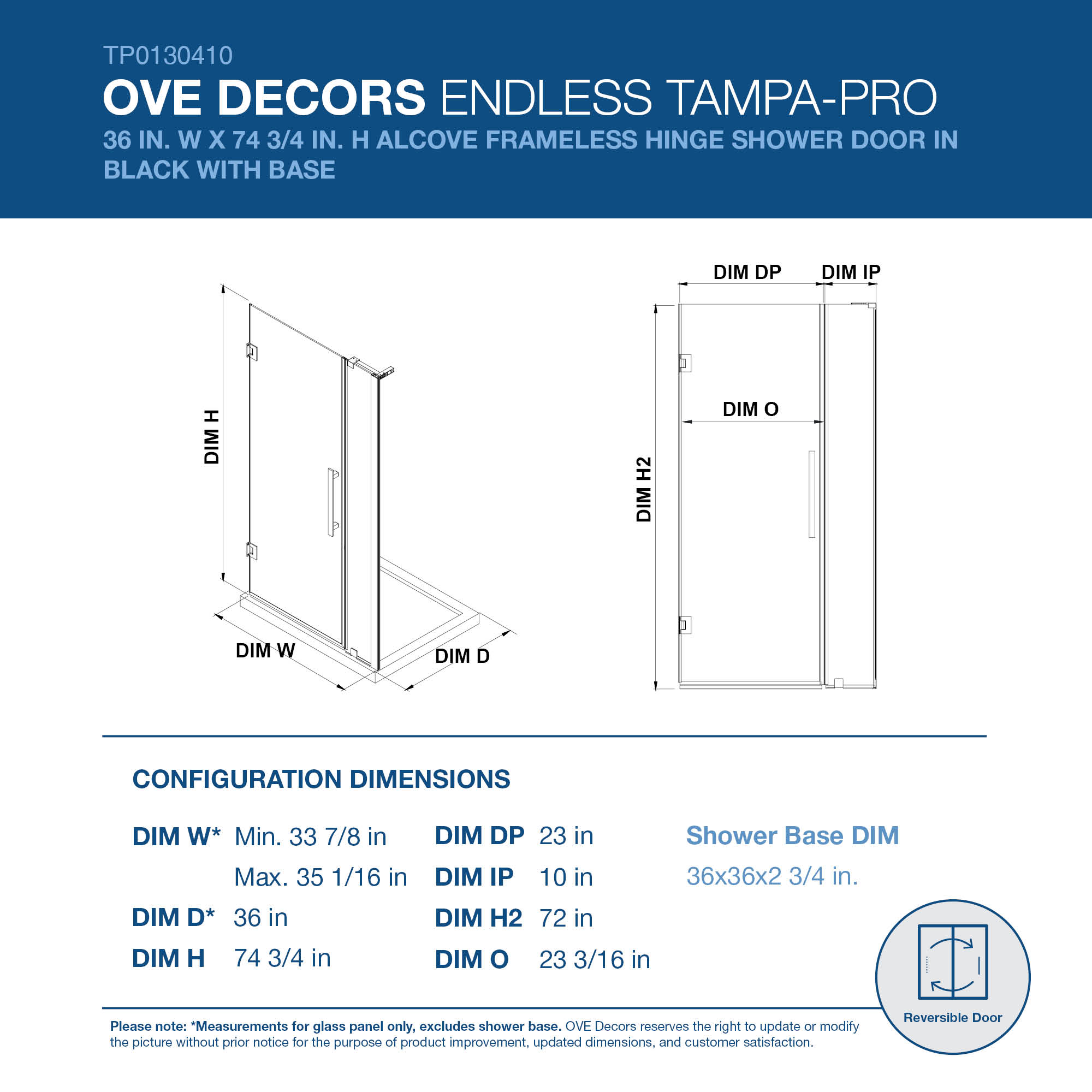 Ove Decors Tampa-Pro 36 in. L x 36 in. W x 72 in. H Alcove Shower Kit with Pivot Frameless Shower Door in Black and Shower Pan