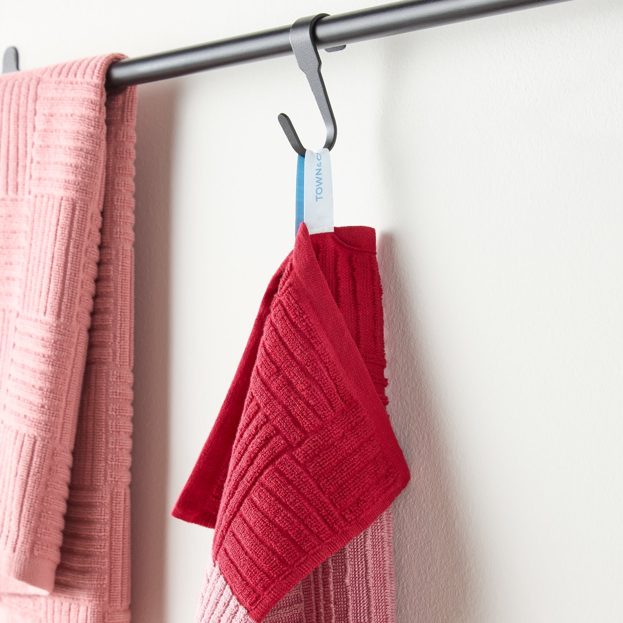 TOWN & COUNTRY BASICS Basketweave Antimicrobial Terrycloth Kitchen Towel 4-Pack Set, Absorbent 100% Cotton, Machine Washable, Red, 16"x28"