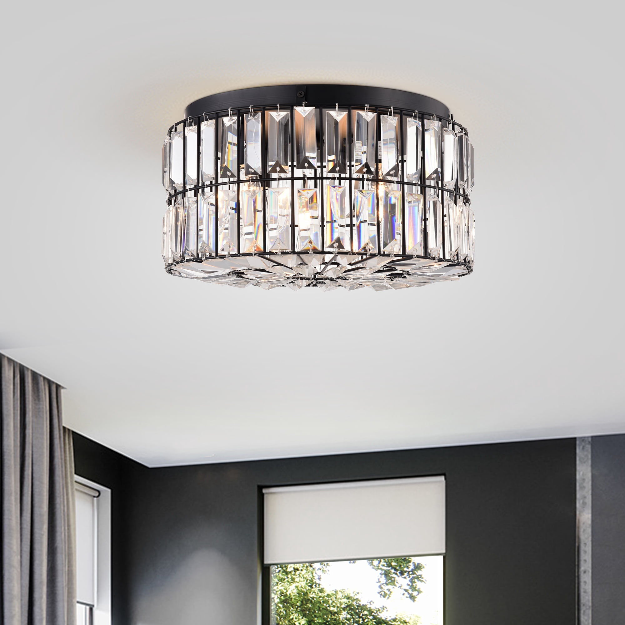 Warehouse of Tiffany Silver Orchid Coogan Matte Black 4-Light Crystal and Metal Drum Shade Flush Mount