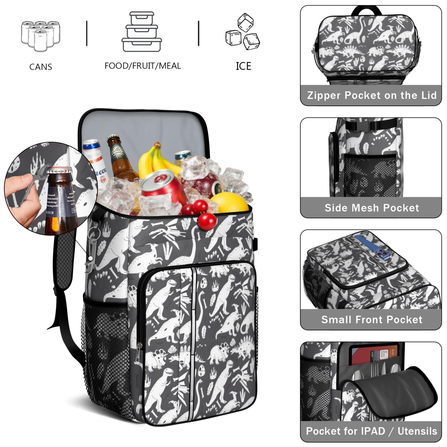 Travel Cooler Bag - Black and White Dinosaur Pattern Camping Beer Cooler Backpack with Bottle Opener- Waterproof Insulated Picnic Backpacks - Cooler Bag for Beach