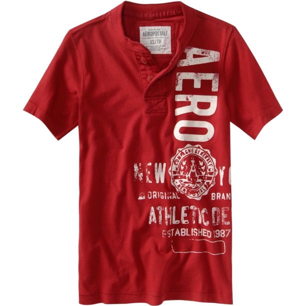Aeropostale Hombres Solid Screen Print Aero Henley Shirt, Rojo, X-Small