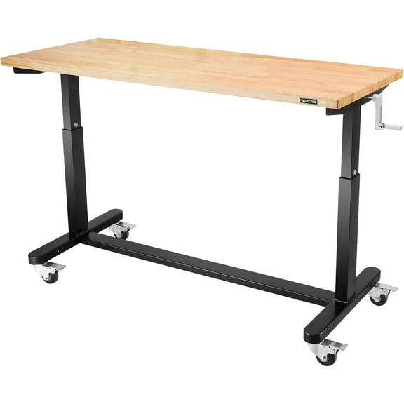 WORKPRO 60” Height Adjustable Work Table with Crank Handle and Casters, 60” x 24” Wooden Top Standing Desk Workbench, Heights from 29”-38”, 500 Lbs Load Capacity for Garage.