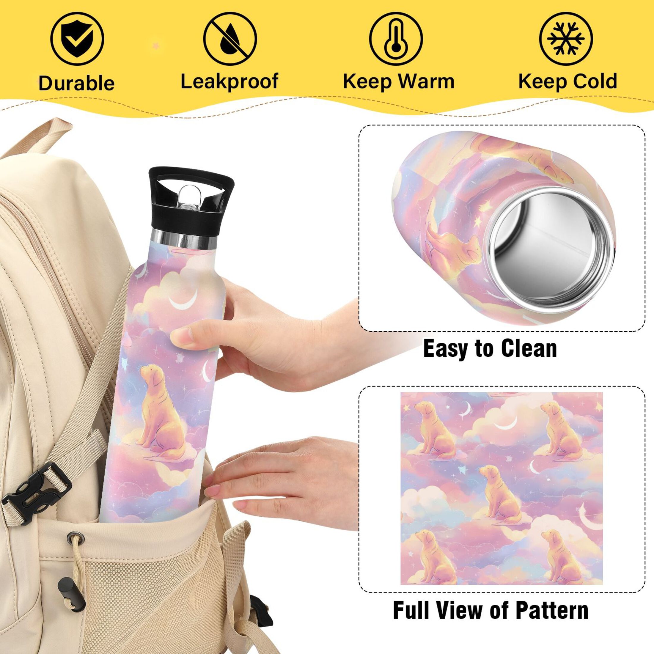 600ML Stainless Steel Insulated Cup Sports Water Bottle Portable Thermos Cup Water Glasses Insulated Tumblers Convenient and Durable Pink Dog