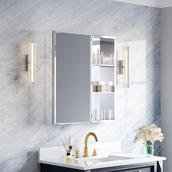 ANGELES HOME 28" x 30" Copper-free Mirrored Medicine Cabinets with Open Shelf Set, Aluminum Bathroom Cabinet