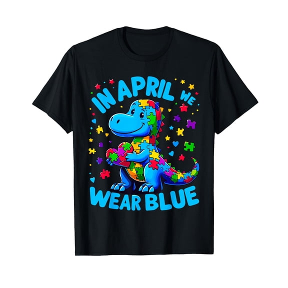Playful Dinosaur Puzzle Pieces T-Shirt for Autism Awareness - April We Wear Blue Design