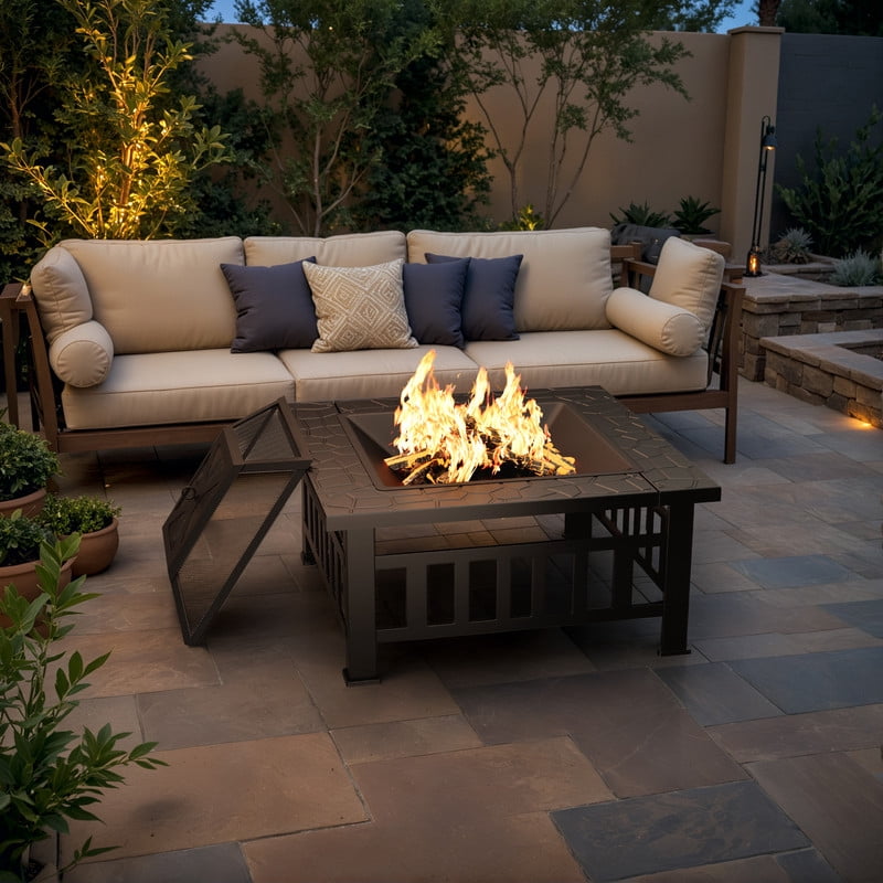 Devoko Outdoor 32" Square Metal Fire Pit with Cover and Poker, Matte Black