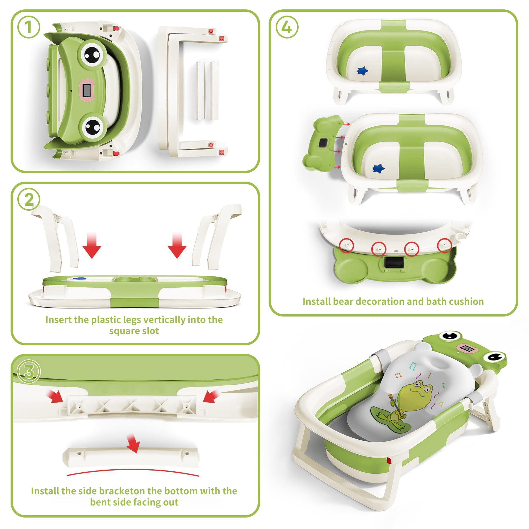 Babyomi Baby Bathtub Portable Baby Tub with Cute Bear Thermometer and Showerhead Holder, Bath Tub Thermostatic Drain Plug and No-Slip Feet Design to Newborn, Green