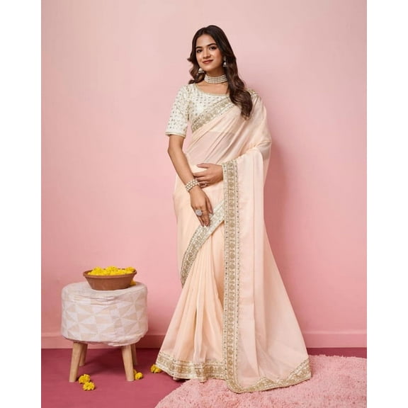 Traditional Sari Bollywood Indian Wedding Party Wear Organza Silk Saree Blouse and Soft Taby Silk Organza Saree