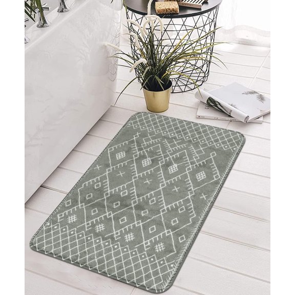 Bathroom Rugs 20x31 inch Gray Boho Bath Mat Non-Slip Geometric Moroccan Farmhouse Bath Rug Soft Velvet Machine Washable Bathroom Mats for Tub Sink Shower