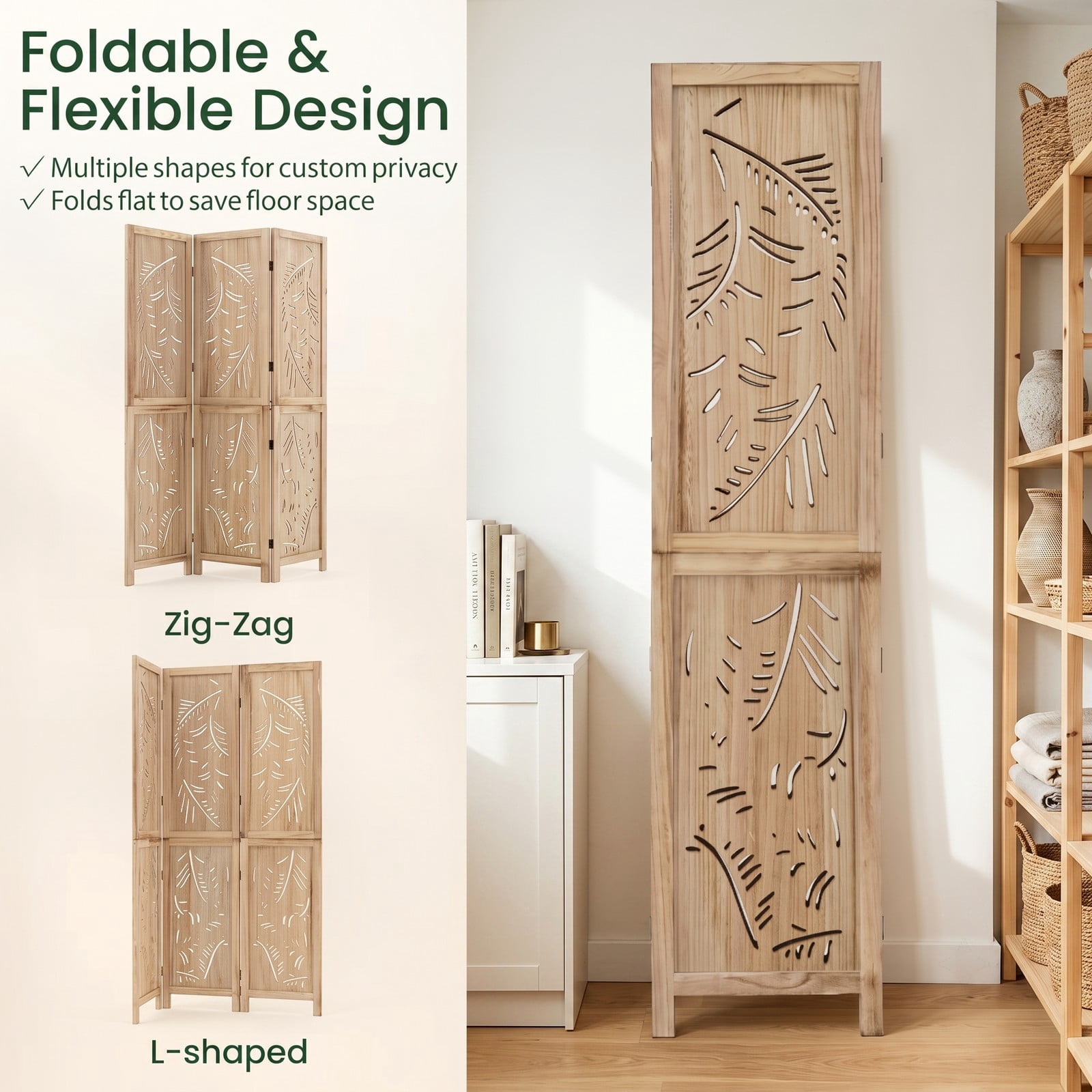 ALPULON 3-Panel Wooden Room Divider Freestanding Folding Privacy Screen with Palm Leaf Design and Paulownia Wood Frame for Living Room Bedroom Office, Natural