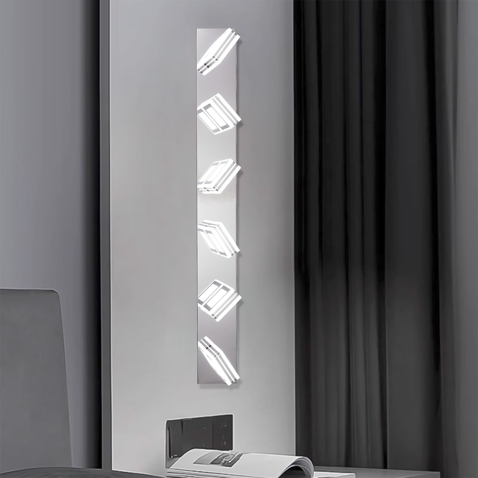 39" Modern Chrome 6-Light LED Vanity Light, Square Acrylic Lampshades Wall Mount Fixture for Bathroom, Mirror Lighting